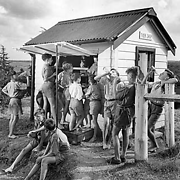 Boys getting refreshments from the Tuck Shop, Barnardo Farm School, Mowbray Park, New South Wales